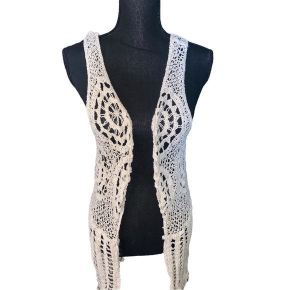 Its pink crochet fringe boho knitted long vest tan cream retro hippie medium - Picture 4 of 12